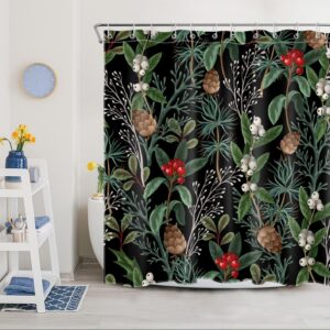 LB Black Christmas Shower Curtain Decor, Red Berries and Pine Cone Green Botanical Shower Curtain for Bathroom 72" W x 78" L Polyester Fabric Bathroom Decoration Bath Curtains Hooks Included