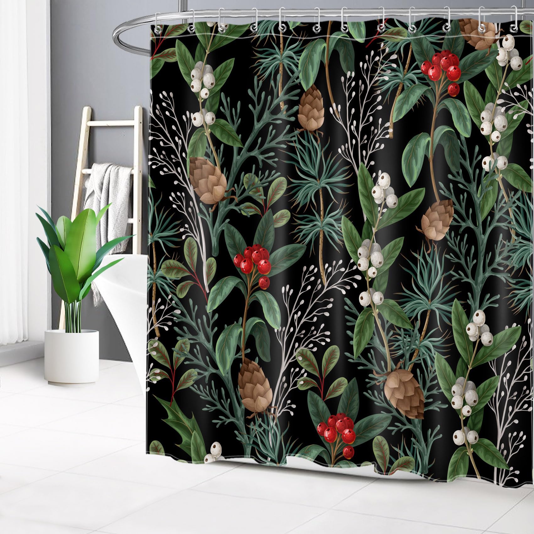 LB Black Christmas Shower Curtain Decor, Red Berries and Pine Cone Green Botanical Shower Curtain for Bathroom 72" W x 78" L Polyester Fabric Bathroom Decoration Bath Curtains Hooks Included