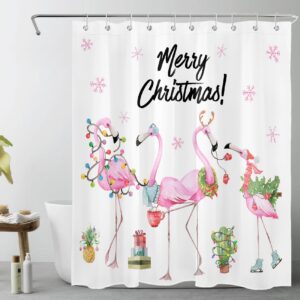 hvest merry christmas shower curtain, pink flamingo and pineapple cactus on white background shower curtain for bathroom, winter snowflake fabric shower curtain with hooks, 60w x 72l inches