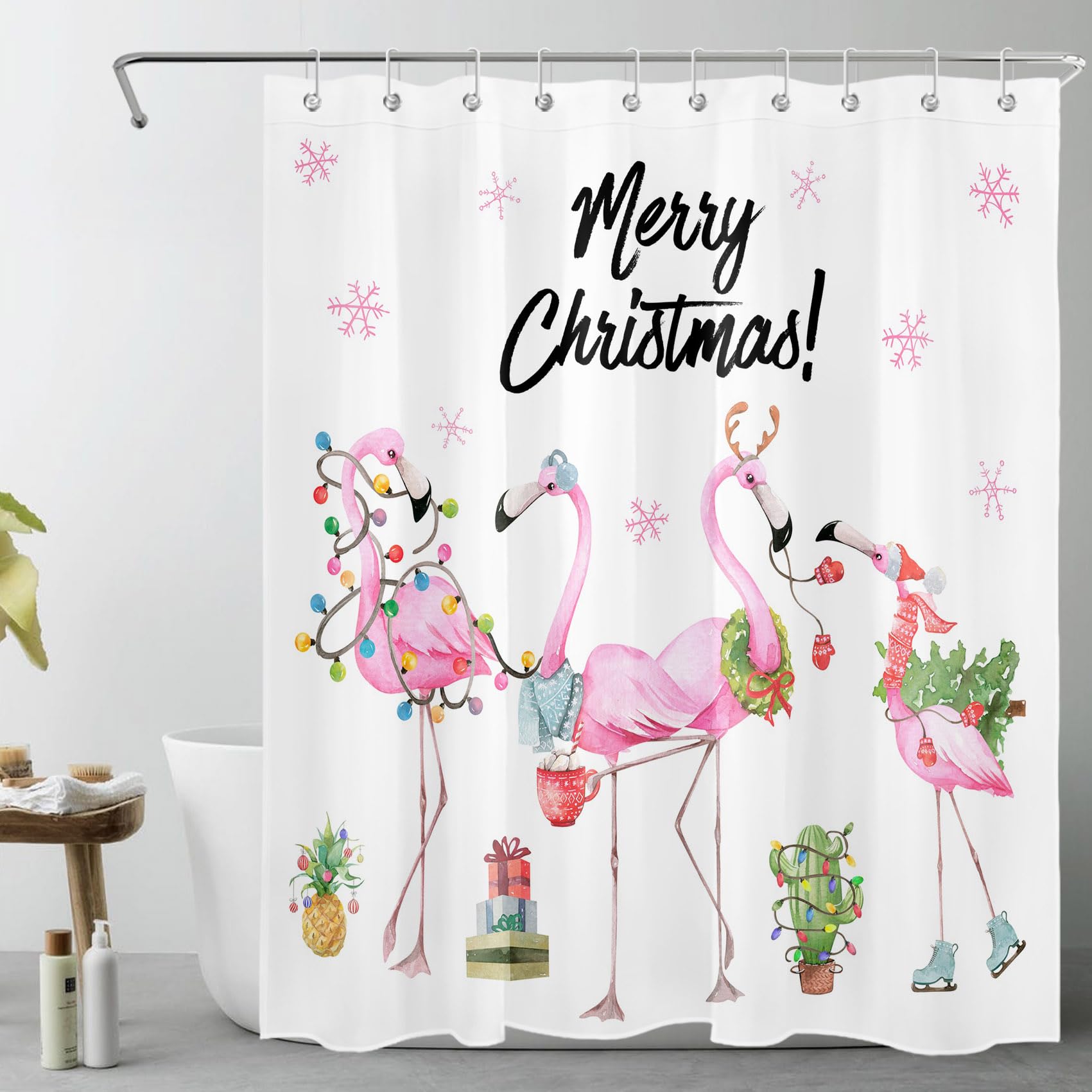 HVEST Merry Christmas Shower Curtain, Pink Flamingo and Pineapple Cactus on White Background Shower Curtain for Bathroom, Winter Snowflake Fabric Shower Curtain with Hooks, 60W x 72L Inches