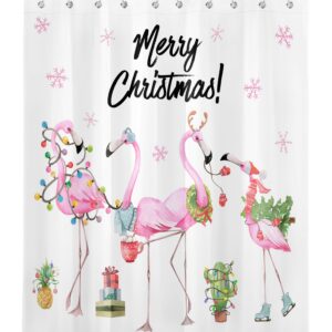 HVEST Merry Christmas Shower Curtain, Pink Flamingo and Pineapple Cactus on White Background Shower Curtain for Bathroom, Winter Snowflake Fabric Shower Curtain with Hooks, 60W x 72L Inches