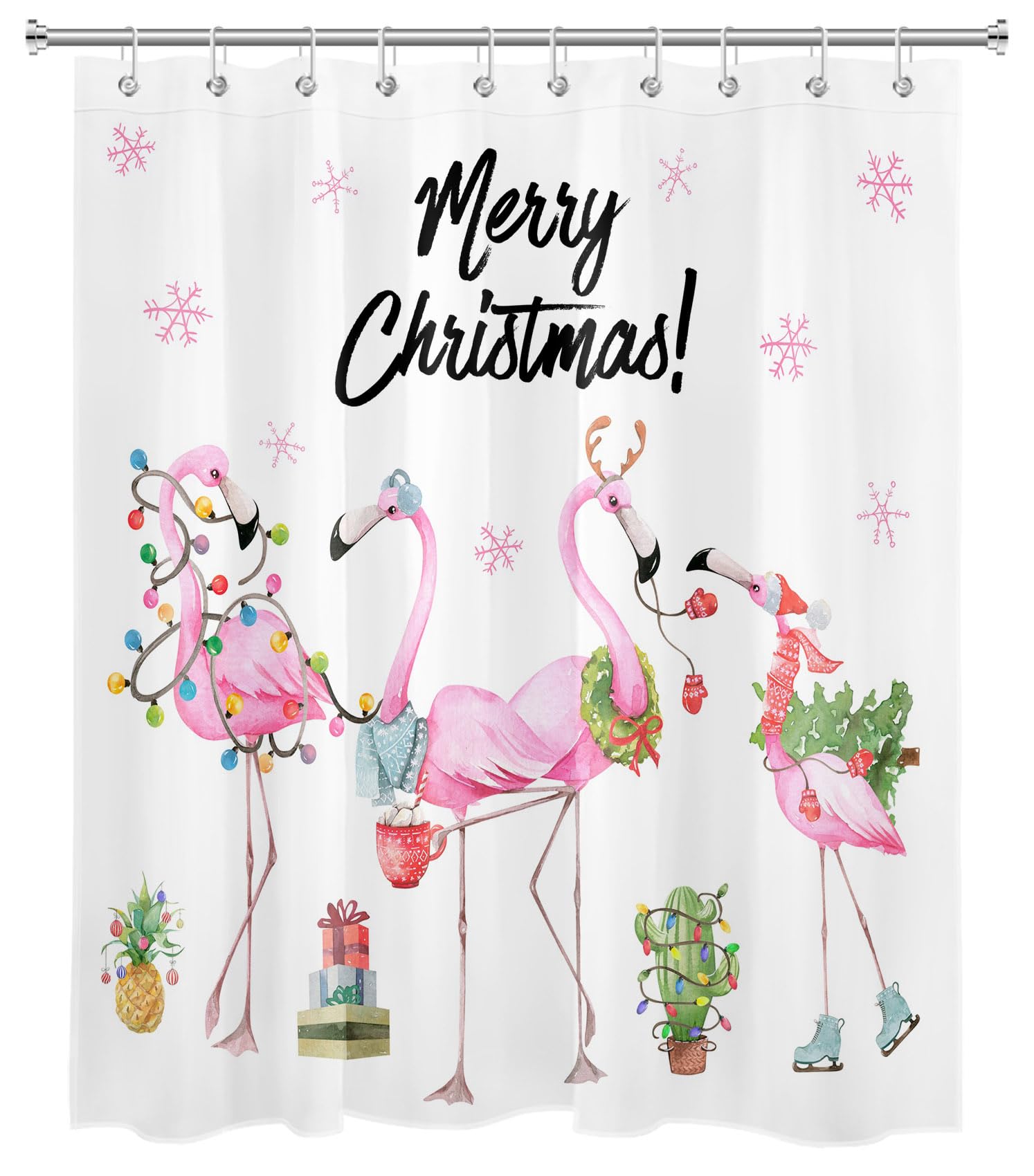 HVEST Merry Christmas Shower Curtain, Pink Flamingo and Pineapple Cactus on White Background Shower Curtain for Bathroom, Winter Snowflake Fabric Shower Curtain with Hooks, 60W x 72L Inches