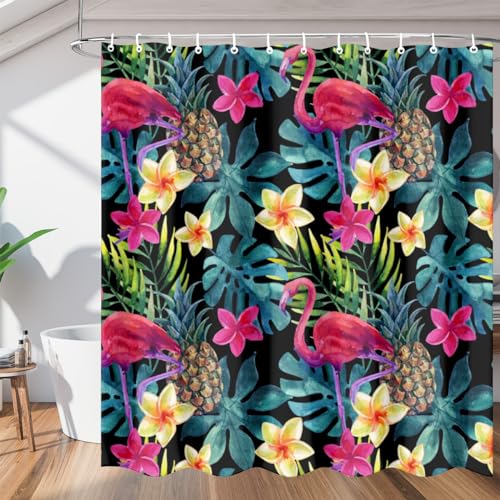 Aglebo Flamingo Pineapple Flower Palm Leaves Shower Curtain Fabric Shower Curtain Set with 12 Hooks Water-Proof 72 * 72 Inches for Bathroom Beach Caravan Hotel