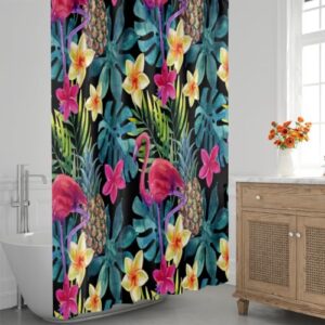 Aglebo Flamingo Pineapple Flower Palm Leaves Shower Curtain Fabric Shower Curtain Set with 12 Hooks Water-Proof 72 * 72 Inches for Bathroom Beach Caravan Hotel