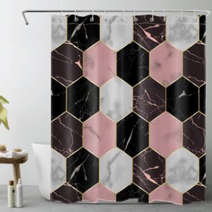 lb pink and black geometric marble shower curtain for bathroom, black and gold hexagon pattern pink and grey fabric shower curtain with hooks, modern abstract bathroom curtain shower set, 60"w x 72"l