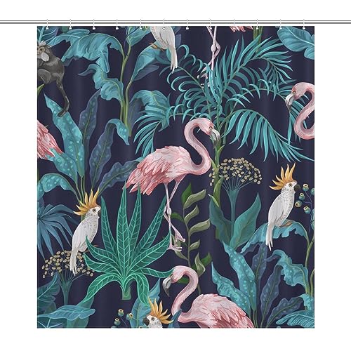 LAKIMCT Jungle Flamingo Parrots Shower Curtain for Bathroom, Polyester Cloth Shower Curtain with Hooks, Modern Shower Curtain, Art Deco Shower Curtain, 66x72 inch Shower Curtain, 12 Hooks