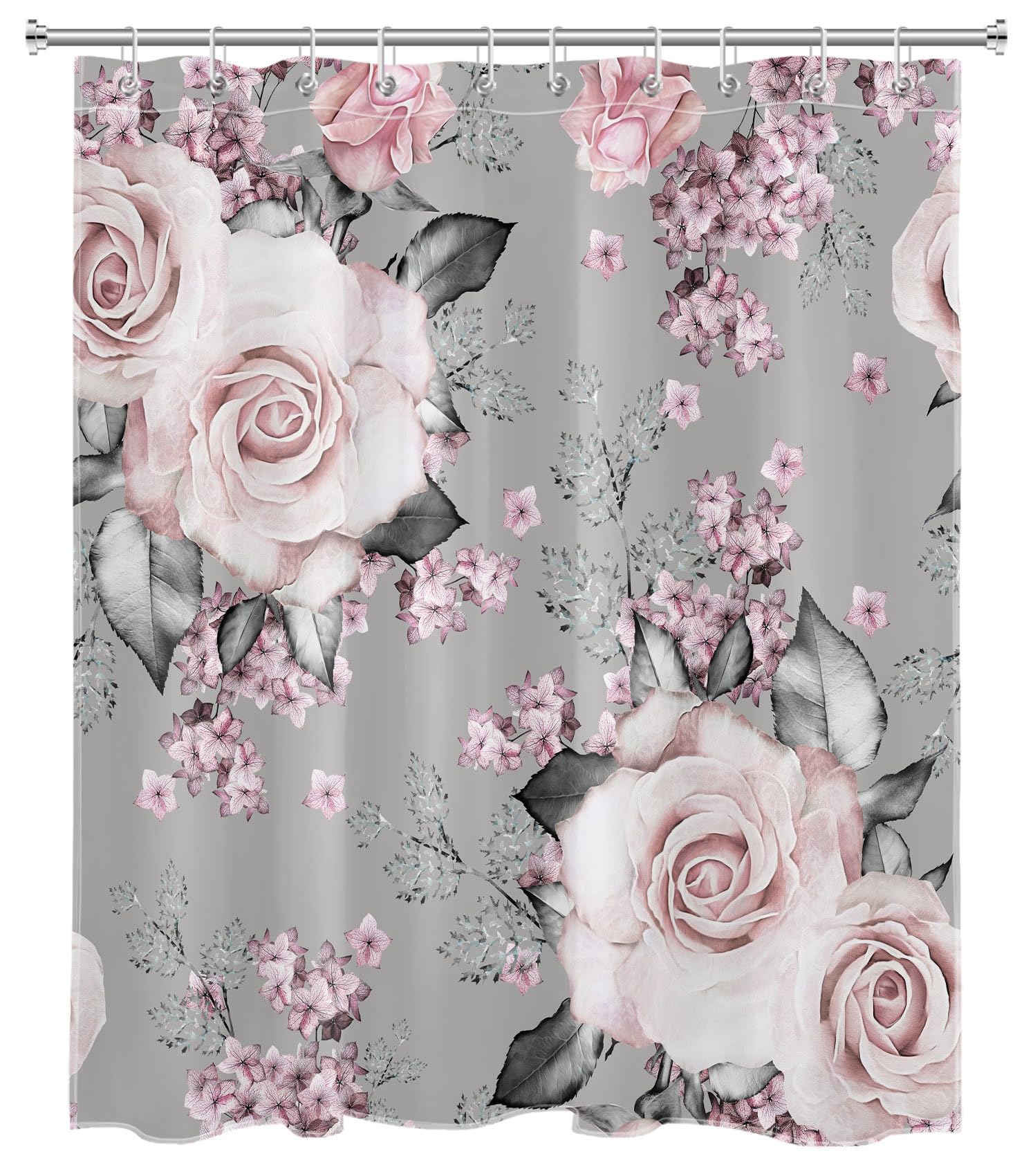 LB Pink Peony Floral Shower Curtain for Bathroom, Farmhouse Wildflower with Grey Leaf Fabric Shower Curtain with Hooks, Country Nature Plant Bathroom Curtain Shower Set, 60" W x 72" L