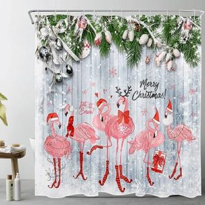 HVEST Christmas Shower Curtain for Bathroom, Pink Flamingo and Pine Branch on Rustic Wood Boards Shower Curtain with Hooks, Winter Snowflake Bathroom Curtains Shower Set Holiday Decor, 72X72 inch