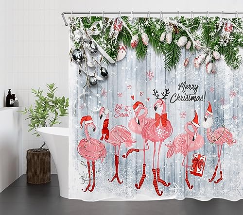 HVEST Christmas Shower Curtain for Bathroom, Pink Flamingo and Pine Branch on Rustic Wood Boards Shower Curtain with Hooks, Winter Snowflake Bathroom Curtains Shower Set Holiday Decor, 72X72 inch