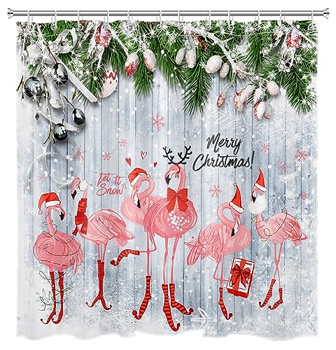 HVEST Christmas Shower Curtain for Bathroom, Pink Flamingo and Pine Branch on Rustic Wood Boards Shower Curtain with Hooks, Winter Snowflake Bathroom Curtains Shower Set Holiday Decor, 72X72 inch