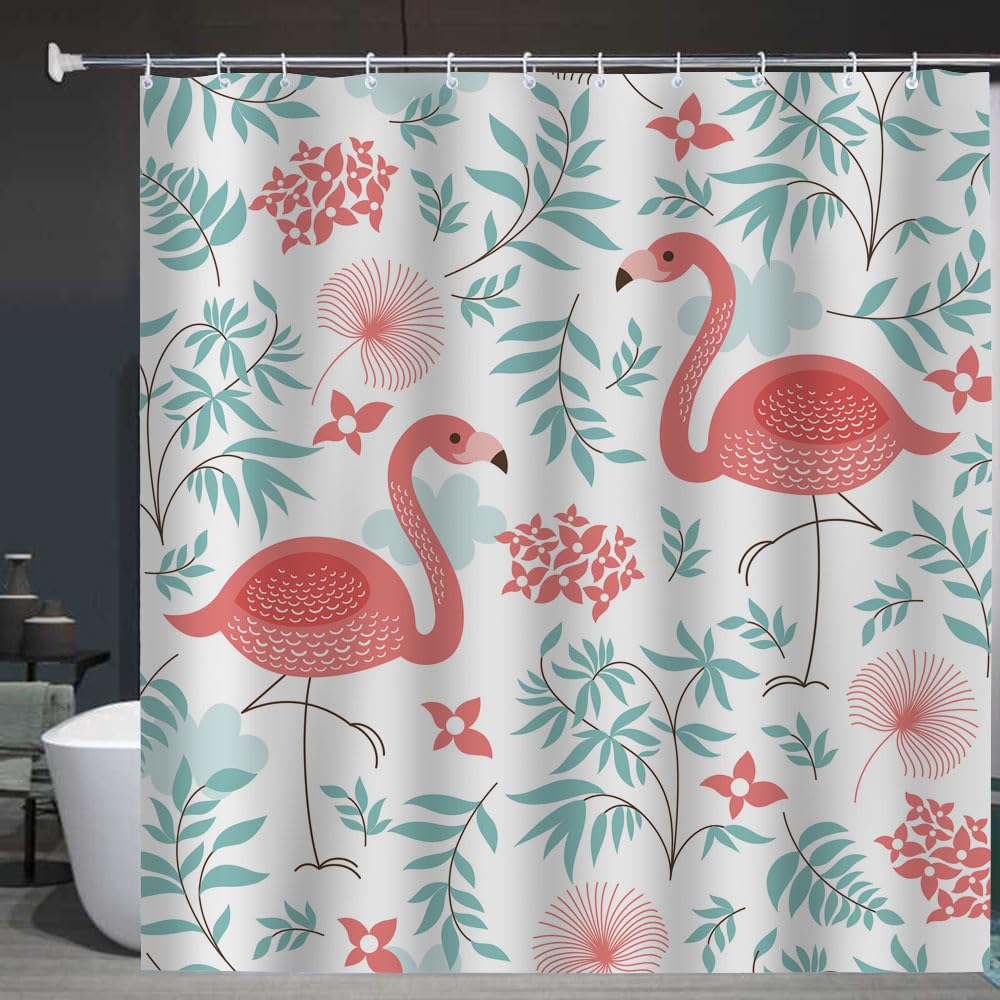 AOYEGO Pink Flamingos Shower Curtain Exotic Bird Floral Tropical Green Leaf Plant Long Bathroom Curtains 72x84 Inch with Hooks Polyester Fabric Curtain for Bathtub