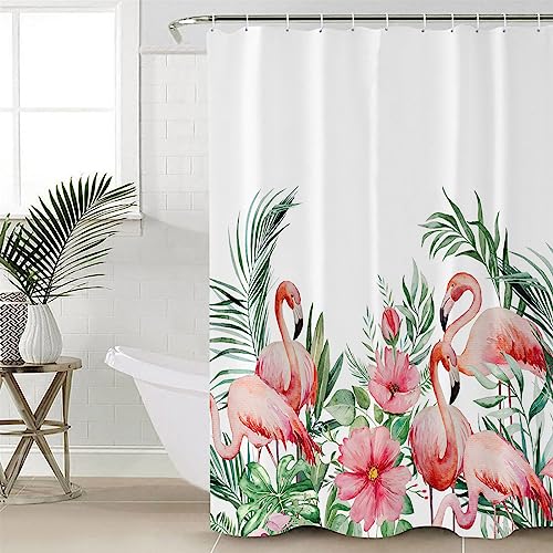 Polyester Fabric Red Pink Flamingo Shower Curtain, Tropical Plants Summer Botancial Palm Leaves, Waterproof Bathtub Curtain Bathroom Decor Set with Hooks 72 x 72 Inches,