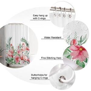 Polyester Fabric Red Pink Flamingo Shower Curtain, Tropical Plants Summer Botancial Palm Leaves, Waterproof Bathtub Curtain Bathroom Decor Set with Hooks 72 x 72 Inches,