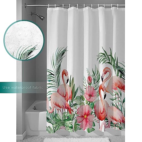 Polyester Fabric Red Pink Flamingo Shower Curtain, Tropical Plants Summer Botancial Palm Leaves, Waterproof Bathtub Curtain Bathroom Decor Set with Hooks 72 x 72 Inches,