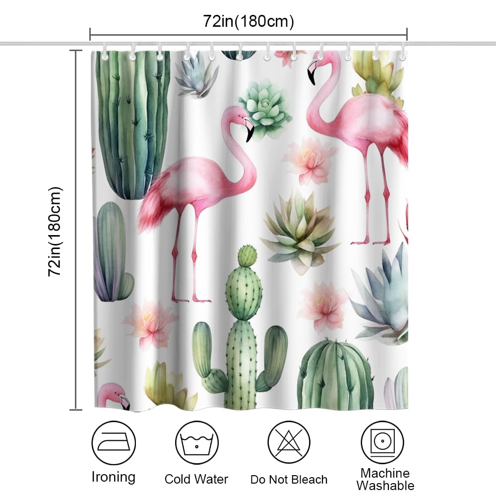 TheBlackSpot Cactus and Pink Flamingo Shower Curtain Sets Tropical Plant Succulent Flower Bath Curtains Christmas Decor Sets Grommet with Hooks 72W × 72H inches