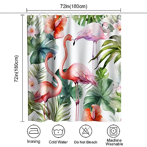 TheBlackSpot Flamingo Shower Curtain Sets Tropical Birds Summer Floral Palm Leaves Bath Curtains Christmas Decor Sets Grommet with Hooks 72W × 72H inches