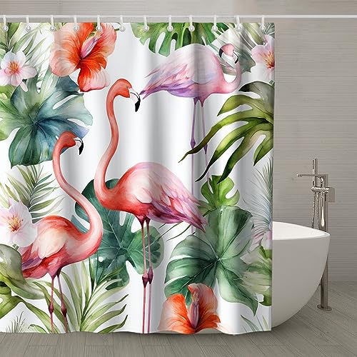 TheBlackSpot Flamingo Shower Curtain Sets Tropical Birds Summer Floral Palm Leaves Bath Curtains Christmas Decor Sets Grommet with Hooks 72W × 72H inches