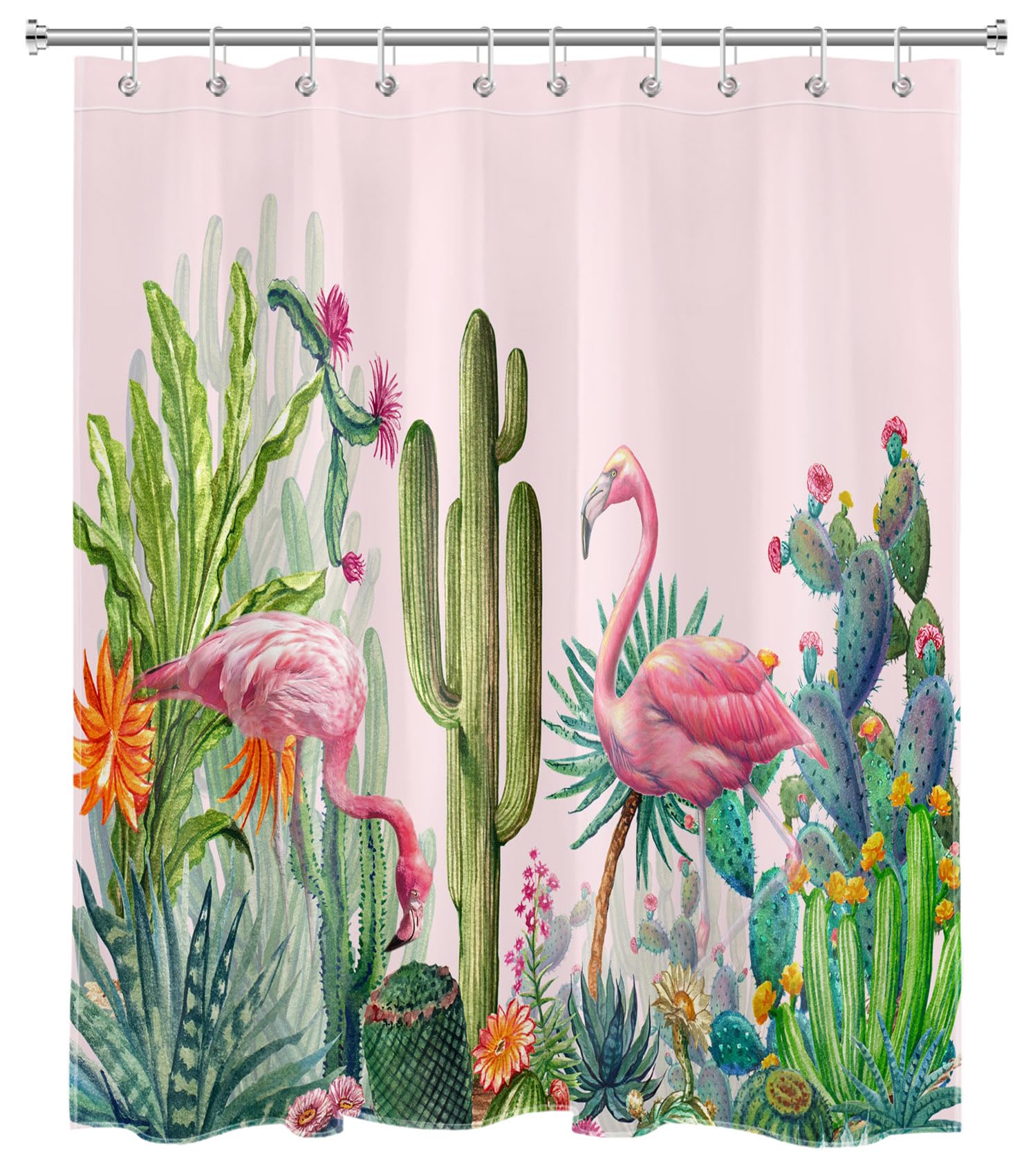 EOBTAIN Green Cactus Shower Curtain Flamingo and Western Succulent Plant with Flower on Pink Shower Curtain for Bathroom Tropical Jungle Polyester Fabric Bath Curtain with 10 Hooks 72x60 inches