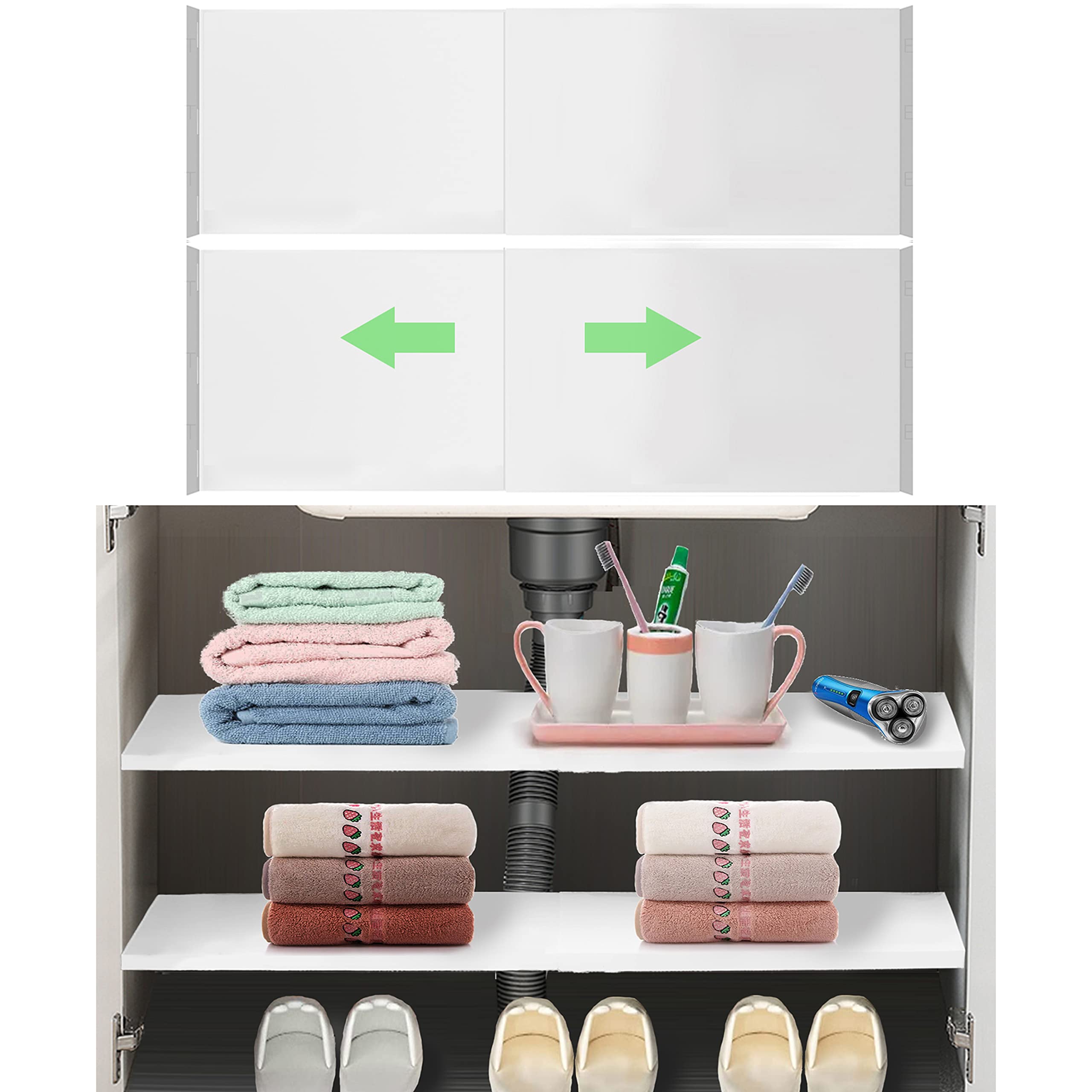 2Pack Adjustable Closet Storage Shelves with Seamless Sticker, Expandable Wardrobe Shelves Organizer System for Kitchen, Cupboard, Wardrobe, Under Sink and Bathroom, Easy Installation (Large, 2Pack)