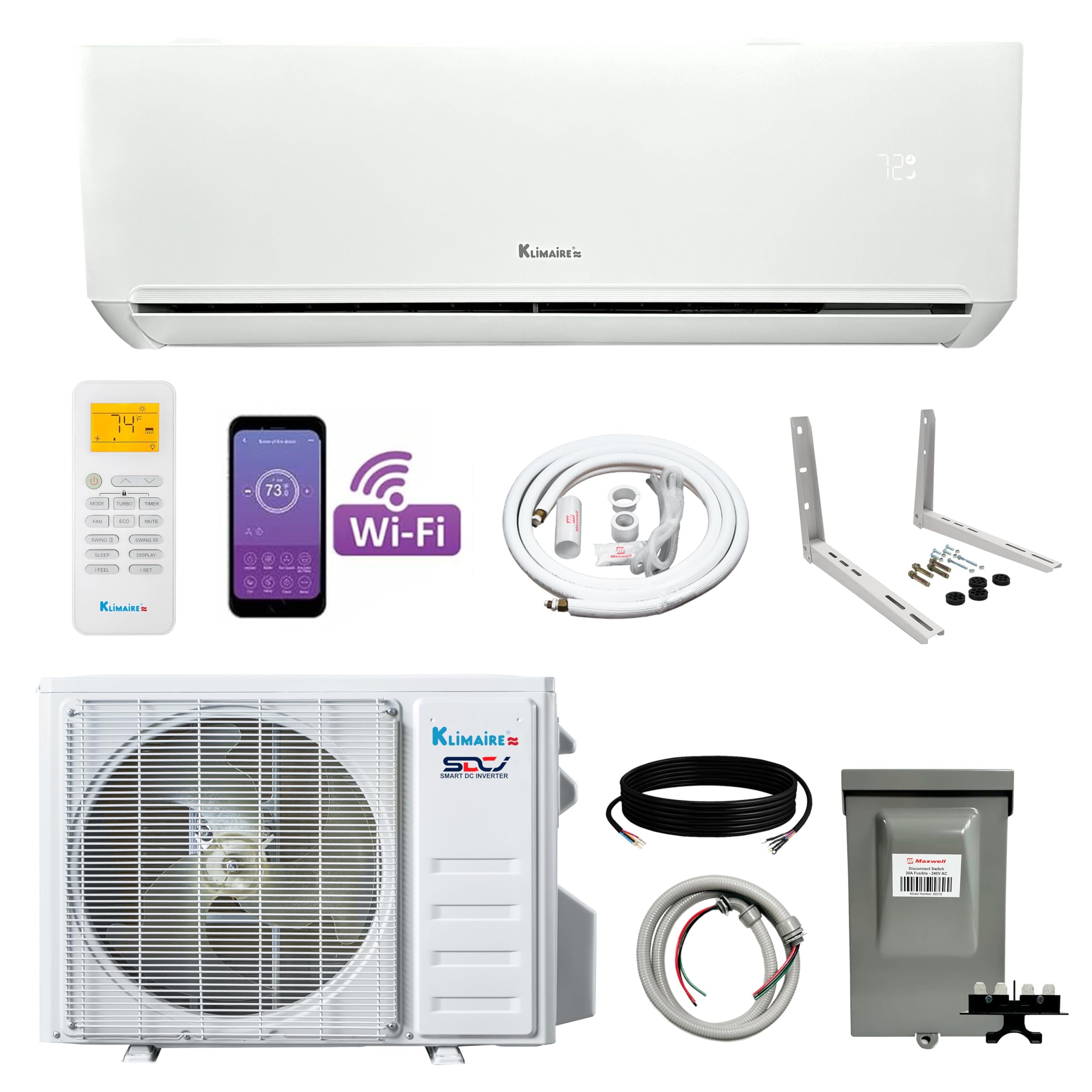 Klimaire 36,000 BTU 19 SEER2 Wall Mounted Ductless Mini Split Inverter A/C Heat Pump System w/ 16’ Installation Kit & Wall Mounting Bracket 230V