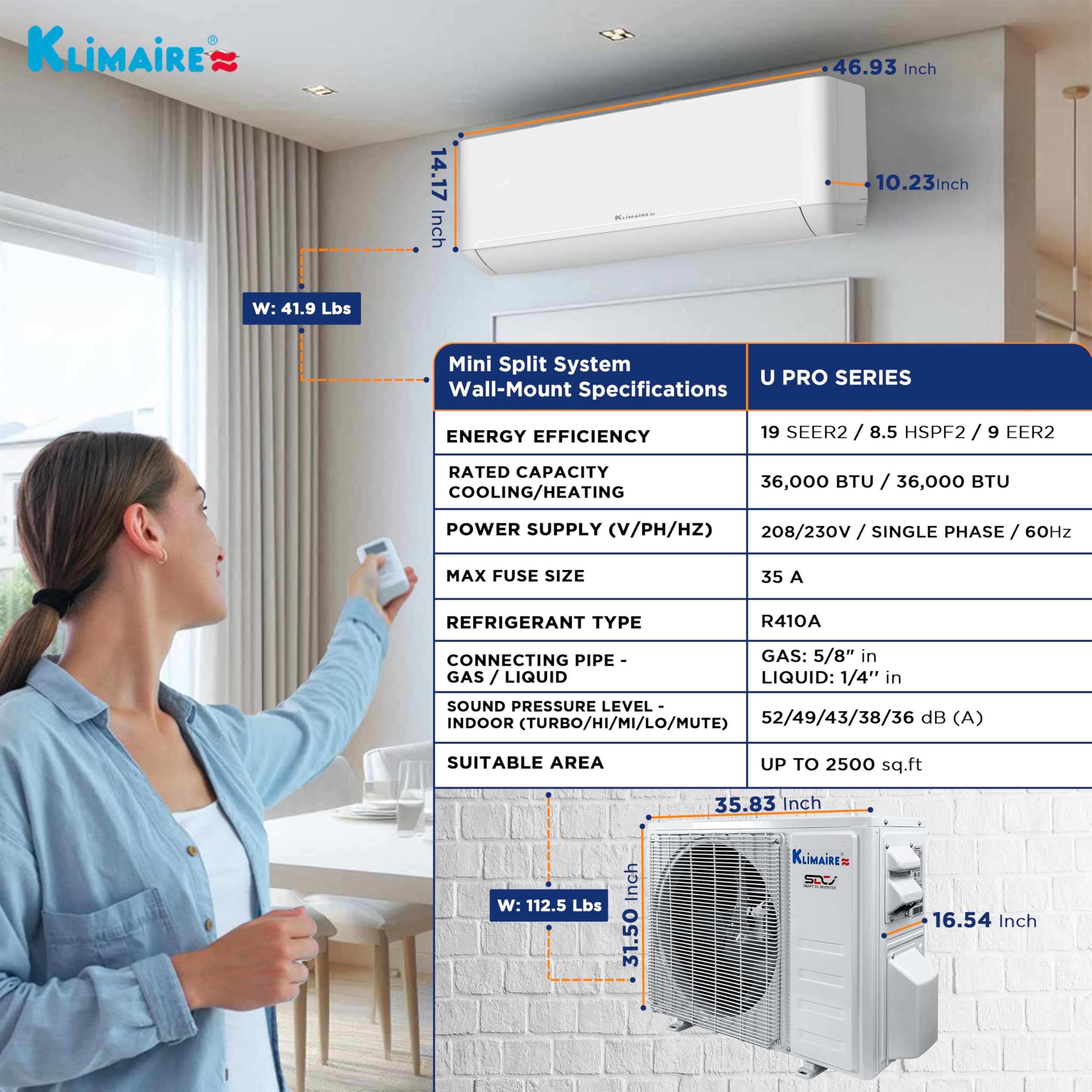 Klimaire 36,000 BTU 19 SEER2 Wall Mounted Ductless Mini Split Inverter A/C Heat Pump System w/ 16’ Installation Kit & Wall Mounting Bracket 230V