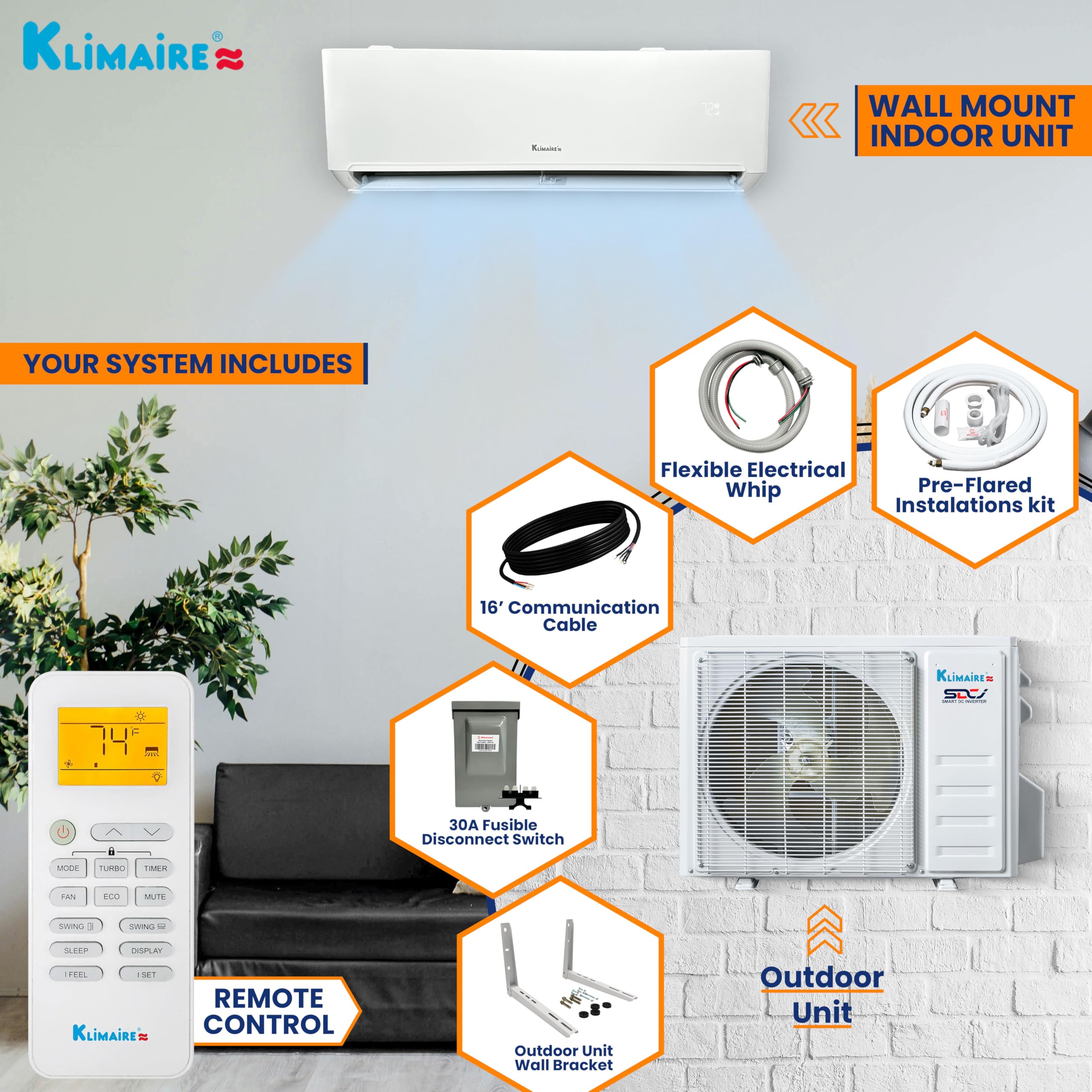 Klimaire 36,000 BTU 19 SEER2 Wall Mounted Ductless Mini Split Inverter A/C Heat Pump System w/ 16’ Installation Kit & Wall Mounting Bracket 230V