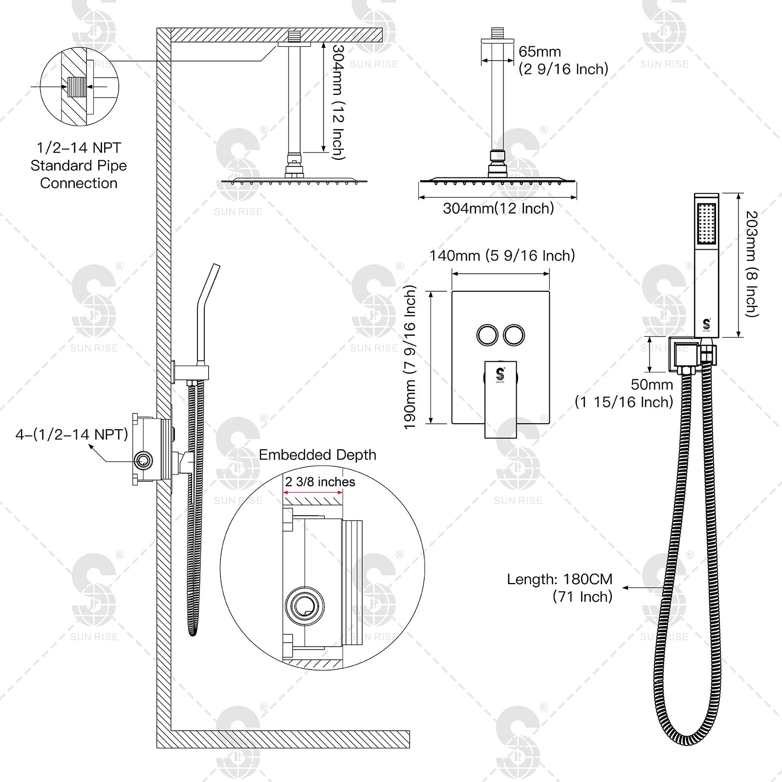 SR SUN RISE Ceiling Mounted Shower System with Push Button Diverter, Luxury 12 Inch Rain Shower Head with Handheld Spray, High Pressure Shower Faucet Combo Set with Rough-in Valve, Polished Chrome