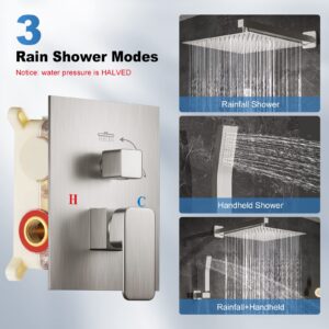 Shower System, HotQing 12 Inche Bathroom Luxury Rain Mixer Shower Combo Set Wall Mounted Square Rainfall Shower Head System Shower Faucet Fixture Combo Rough-in Valve Body and Trim Brushed Nickel