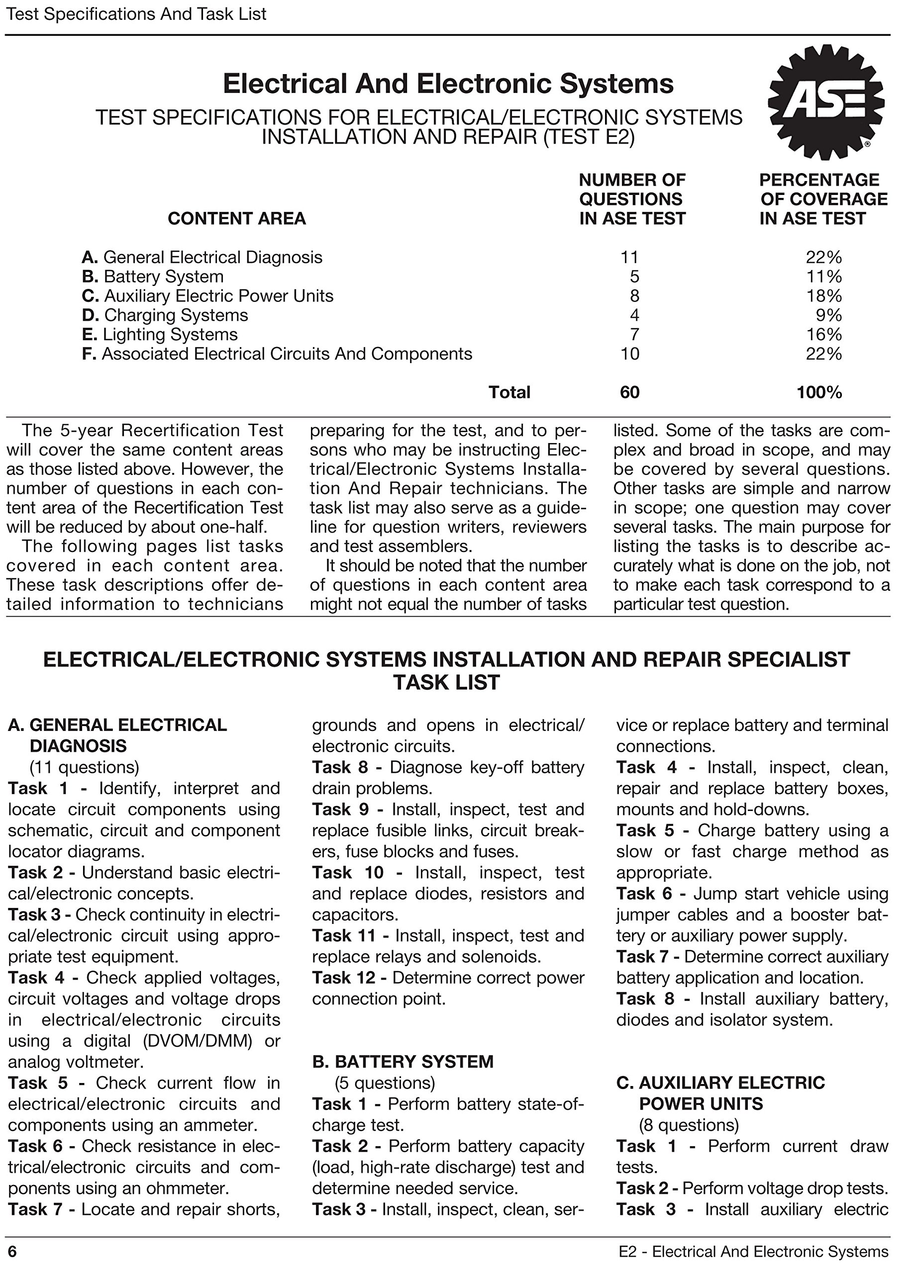 ASE Certification Test Preparation (E2) - Electrical / Electronic Systems Installation & Repair Study Guide