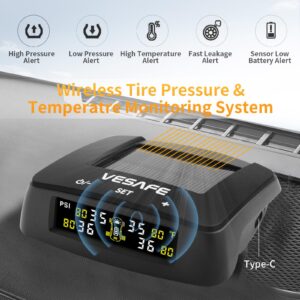 VESAFE Wireless tire Pressure Monitoring System, TPMS, with Solar Charger, Different high/Low Pressure Limits for Two axles, auto Sleep Mode, only Work with Cars, not Work with Camping Vehicles