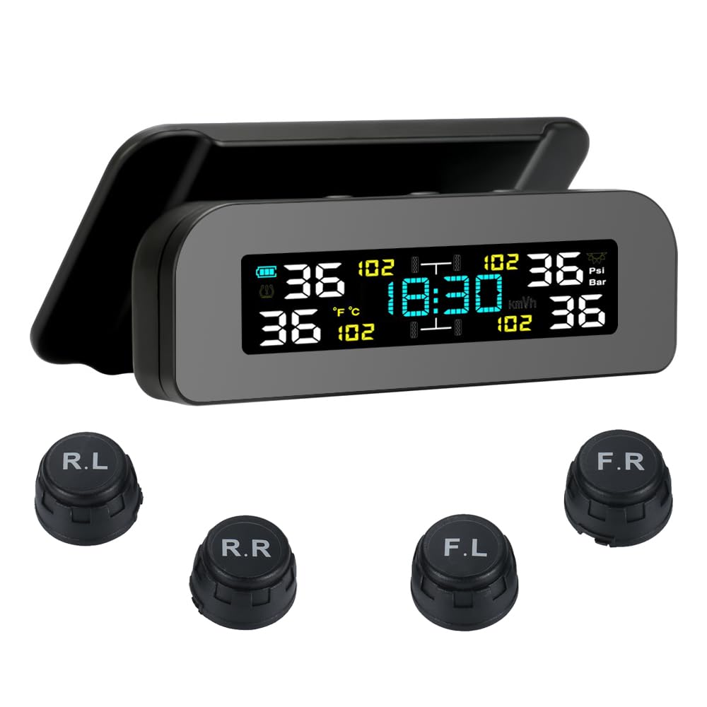 Tire Pressure Monitoring System TPMS, Solar TPMS Tire Pressure Monitor System Installed on Windowshield with 4 External Sensors 6 Alarm Modes Real-time Display Pressure Temperature & Time (0-51 PSI)