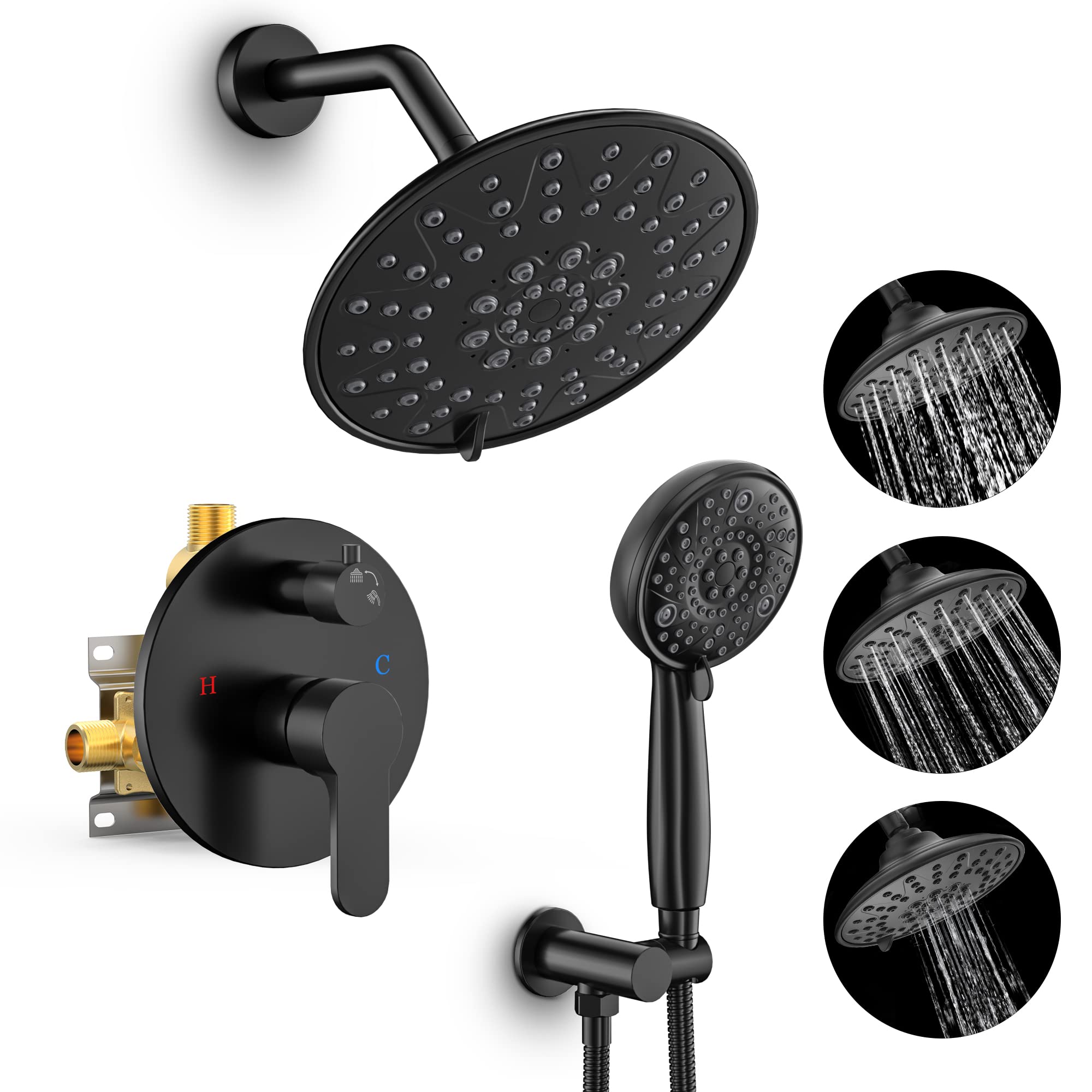 SR SUN RISE Black Shower Faucet - 3 Functions High Pressure 8 Inch Rain Shower Head System- 8 Settings Handheld Shower Head Fixtures- Valve Included - Matte Black