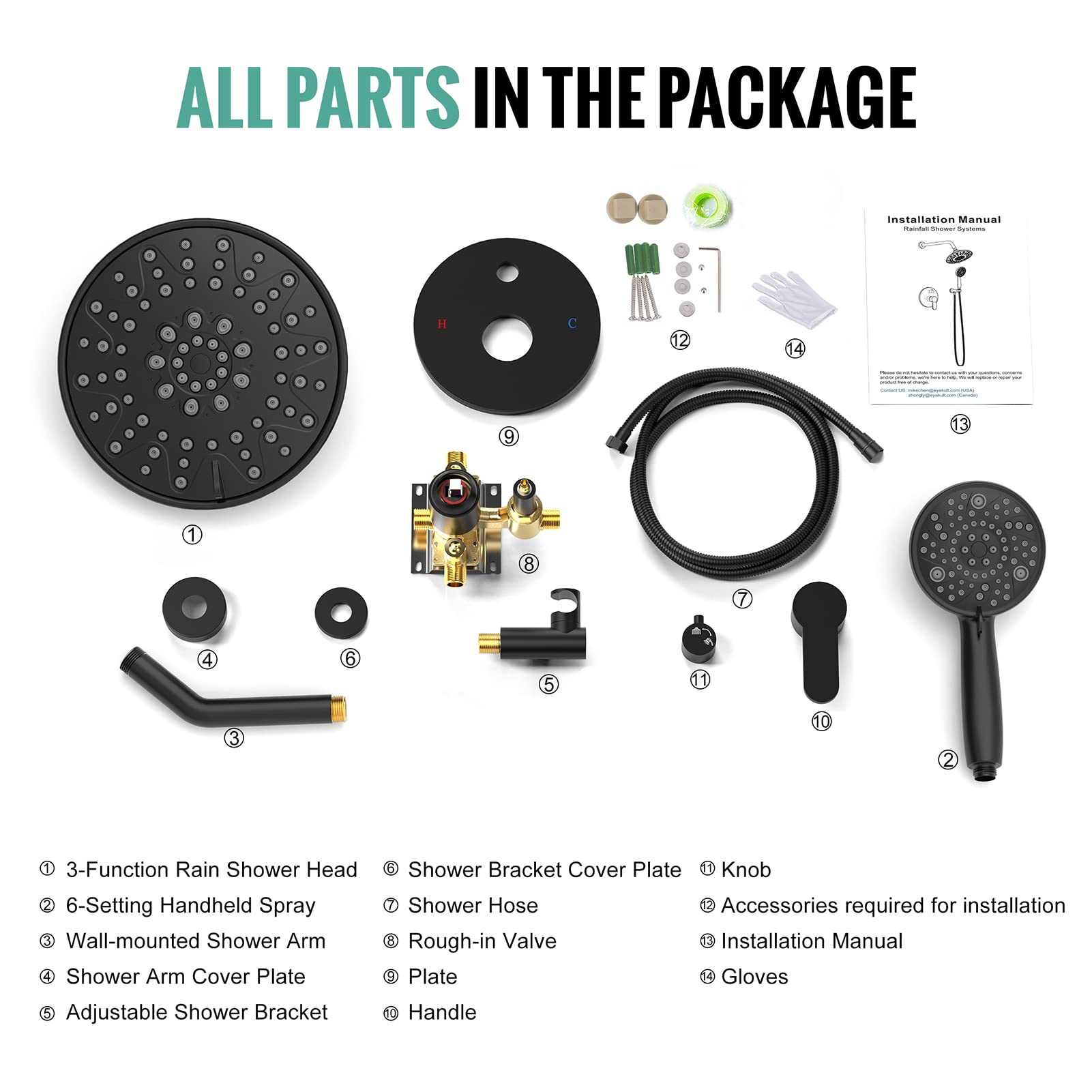 SR SUN RISE Black Shower Faucet - 3 Functions High Pressure 8 Inch Rain Shower Head System- 8 Settings Handheld Shower Head Fixtures- Valve Included - Matte Black