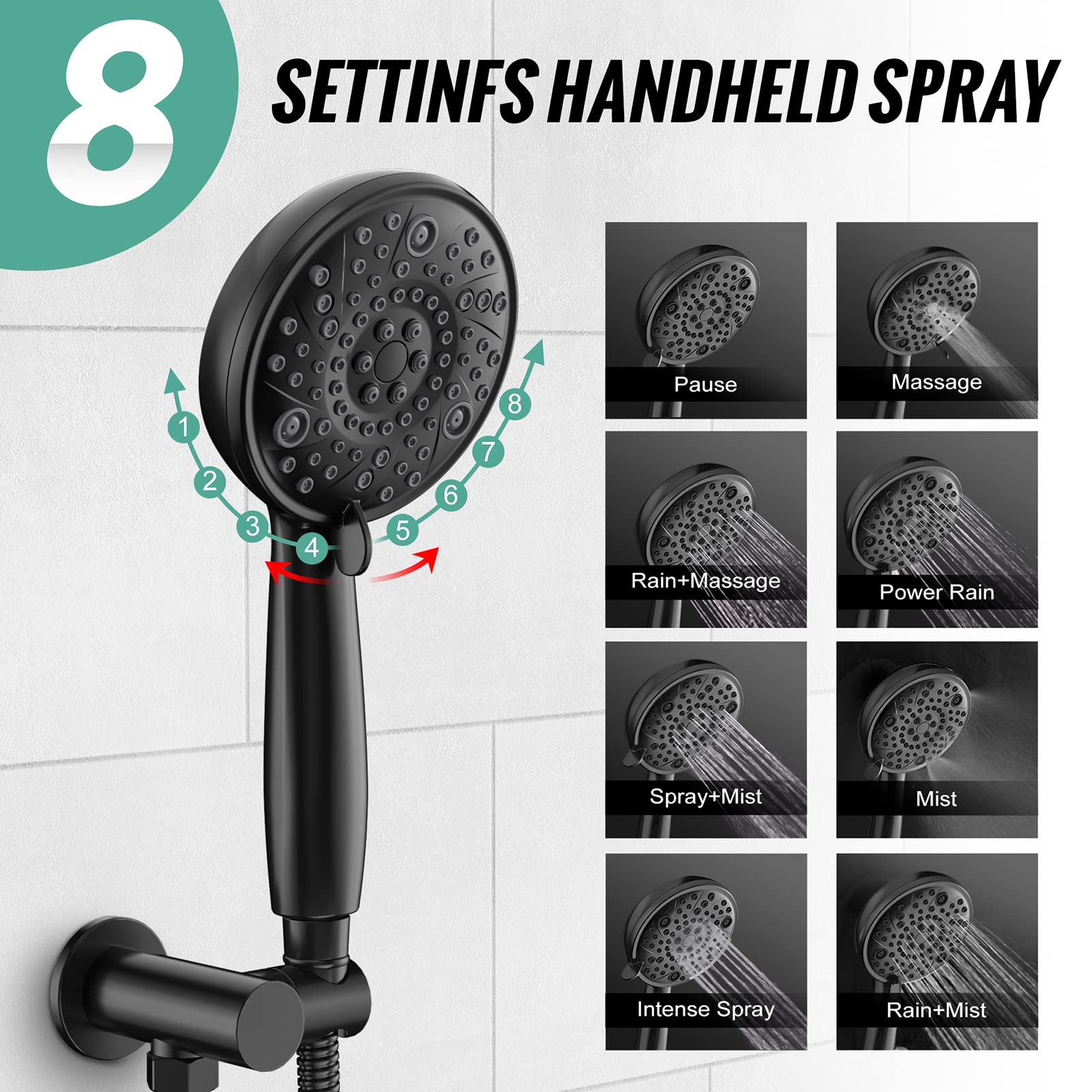 SR SUN RISE Black Shower Faucet - 3 Functions High Pressure 8 Inch Rain Shower Head System- 8 Settings Handheld Shower Head Fixtures- Valve Included - Matte Black