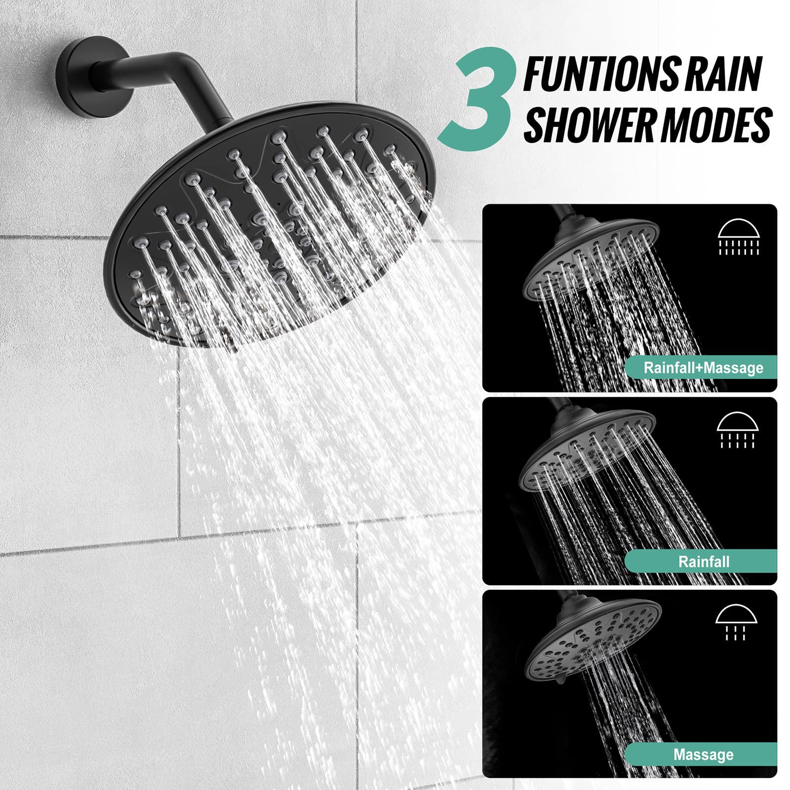 SR SUN RISE Black Shower Faucet - 3 Functions High Pressure 8 Inch Rain Shower Head System- 8 Settings Handheld Shower Head Fixtures- Valve Included - Matte Black