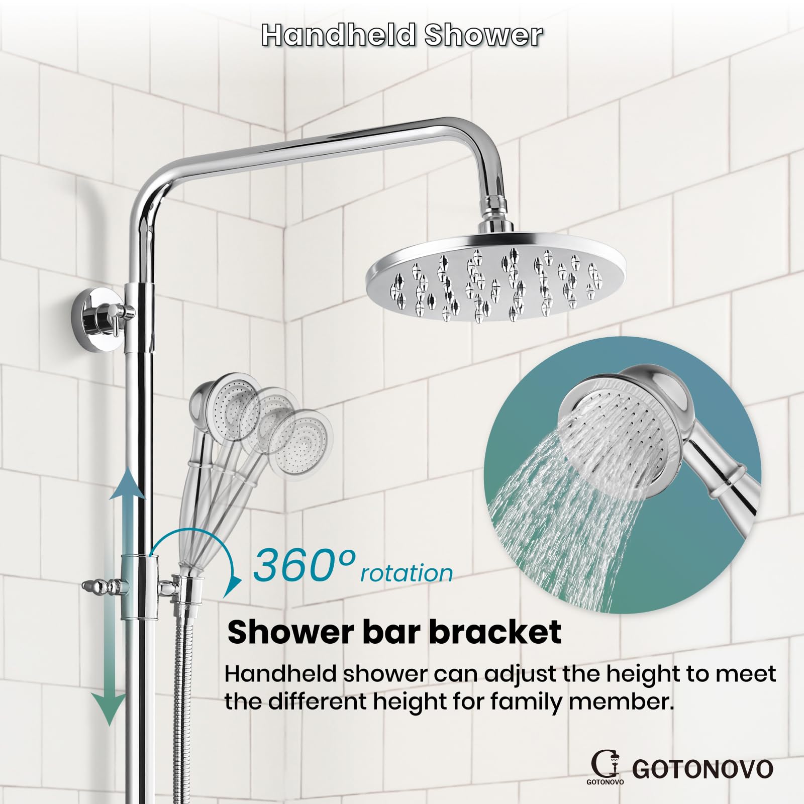 gotonovo Exposed Shower Faucet Set 8 Inch Rainfall Showerhead 3-Function Shower Fixture with Tub Spout 2 Corss Handles Shower System Polish Chrome