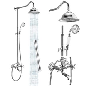 gotonovo exposed shower system set polish chrome 8 rain shower faucet 2 double knobs handle triple function tub spout luxry shower fixture combo unit set 12 inch extension tube included