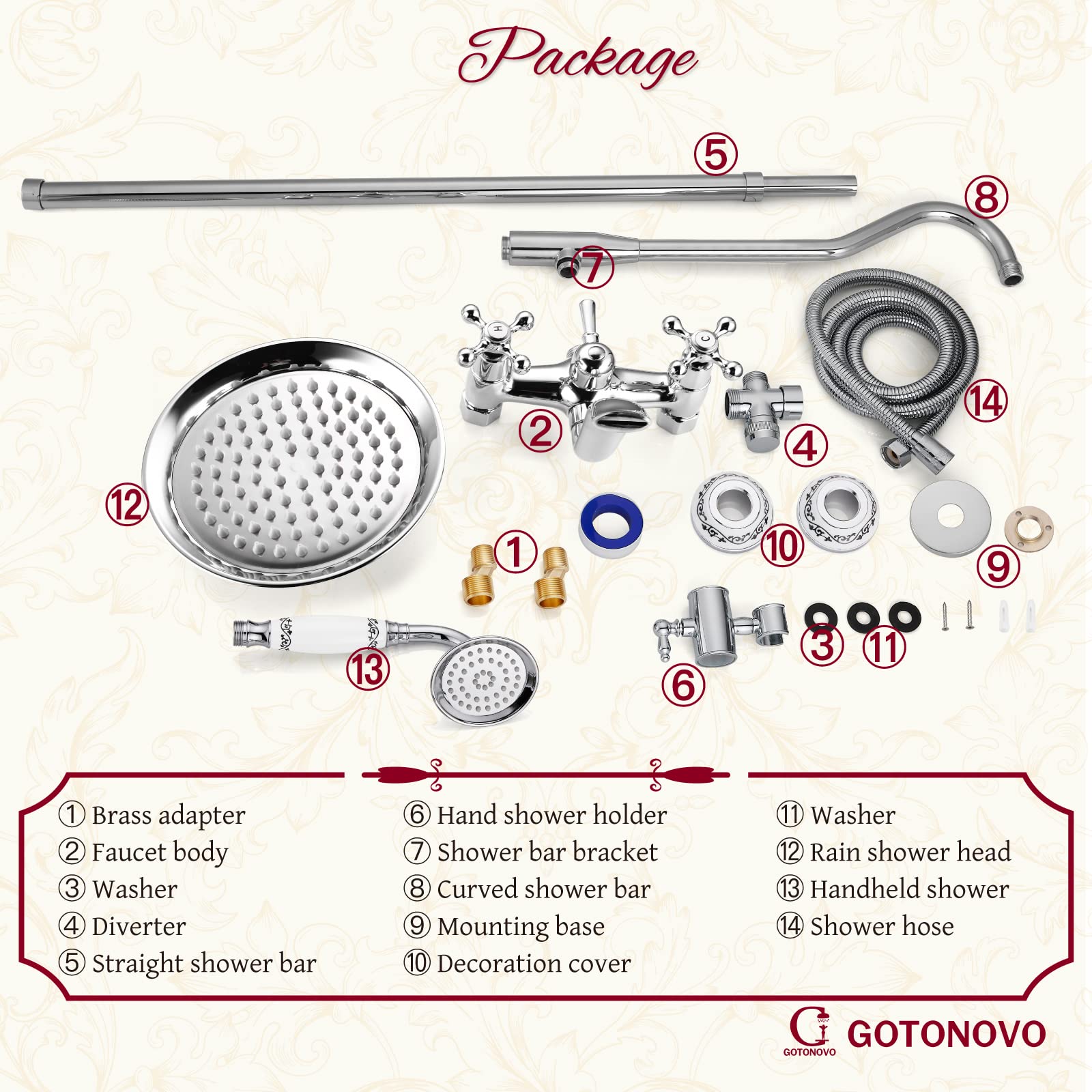 gotonovo Exposed Shower System Set Polish Chrome 8 Rain Shower Faucet 2 Double Knobs Handle Triple Function Tub Spout Luxry Shower Fixture Combo Unit Set 12 Inch Extension Tube Included