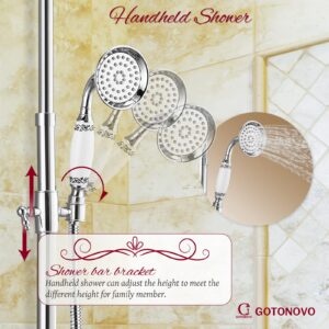 gotonovo Exposed Shower System Set Polish Chrome 8 Rain Shower Faucet 2 Double Knobs Handle Triple Function Tub Spout Luxry Shower Fixture Combo Unit Set 12 Inch Extension Tube Included