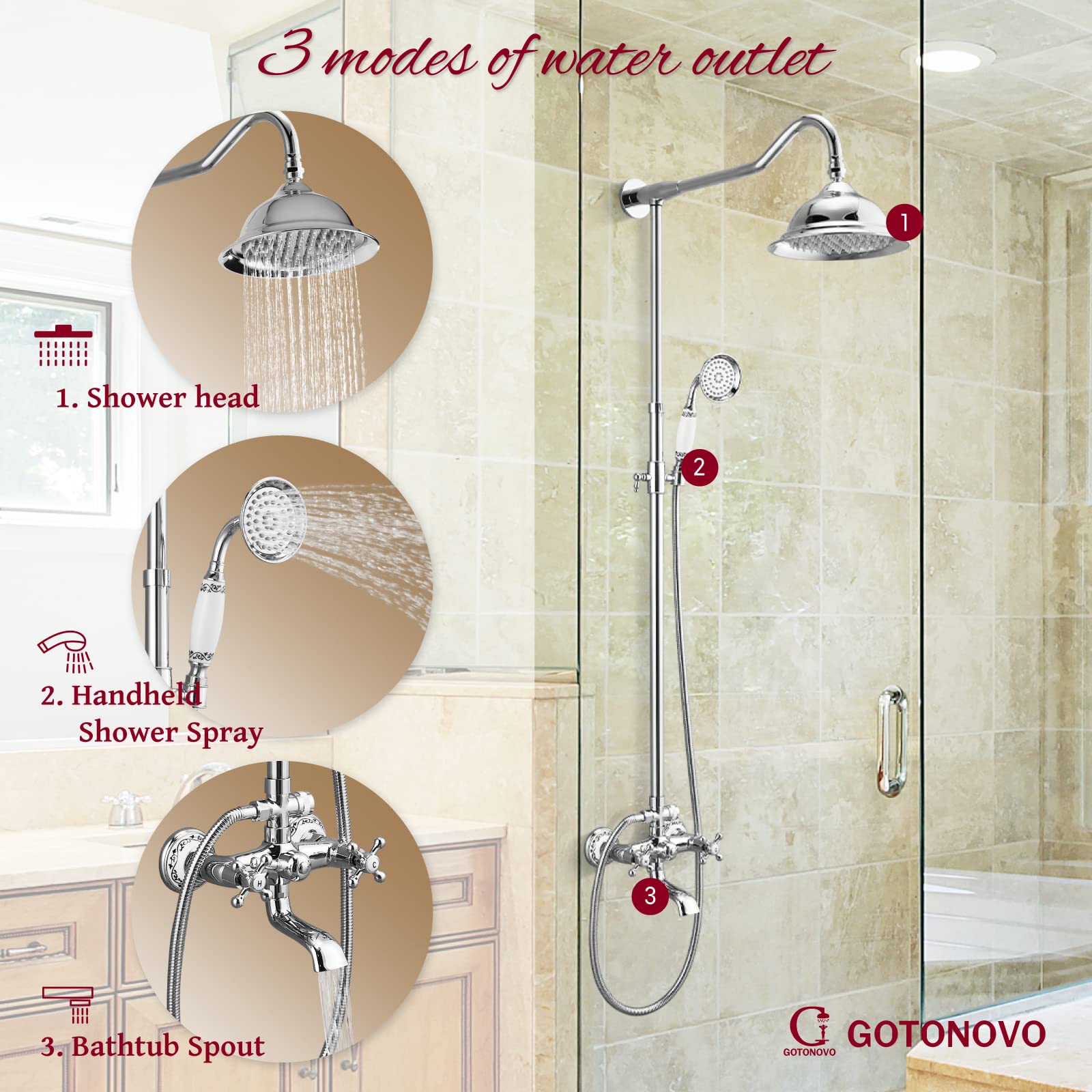 gotonovo Exposed Shower System Set Polish Chrome 8 Rain Shower Faucet 2 Double Knobs Handle Triple Function Tub Spout Luxry Shower Fixture Combo Unit Set 12 Inch Extension Tube Included