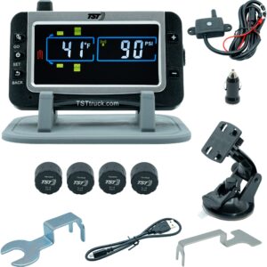 tst 507 tire pressure monitoring system with 4 cap sensors and color display for metal/rubber valve stems by truck system technologies, tpms for rvs, campers and trailers