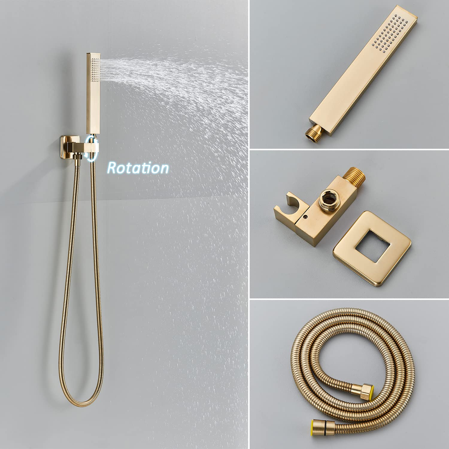 Saeuwtowy Brushed Gold Rain Shower System with 12 Inch LED Shower Head and Brass Handheld with Brass Valve and Trim Kit Shower Faucets Sets Complete