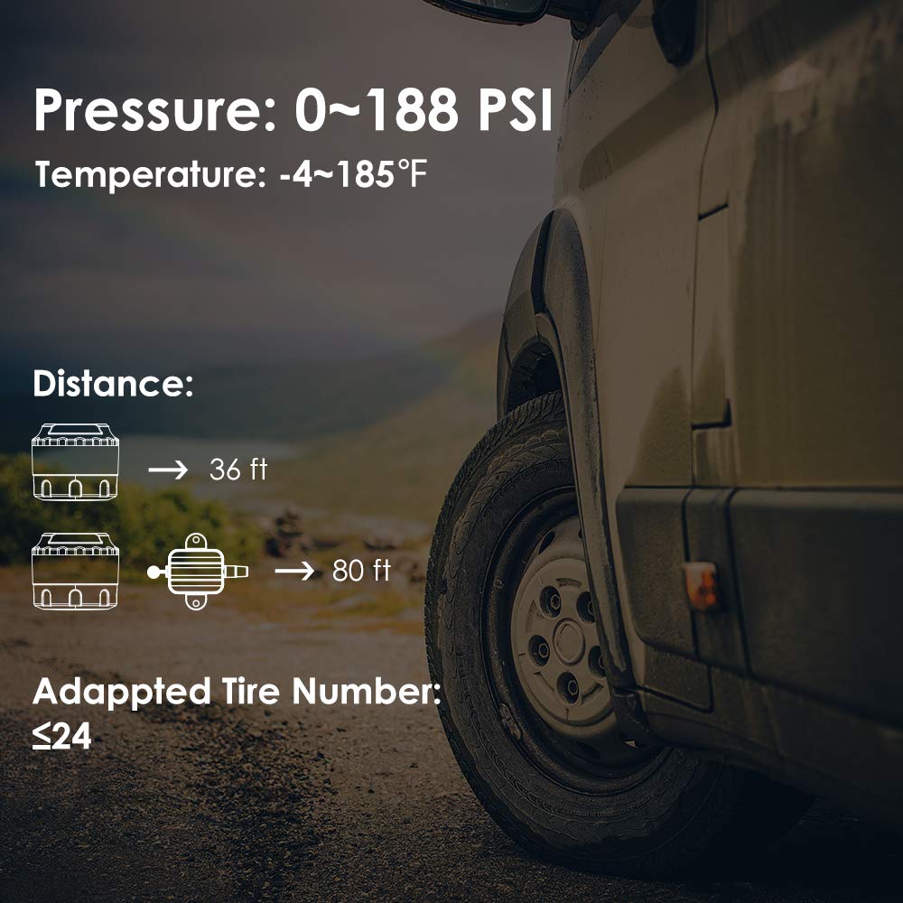 RV Tire Pressure Monitoring System, RV TPMS, 6 Sensors, 7 Alarm Modes, 14 Days Battery Life, 80ft Sensing Distance, Large Screen, for RV, Trailer, Coach, Motor Home, Fifth Wheel, (0-188psi) (-4~ 185℉)