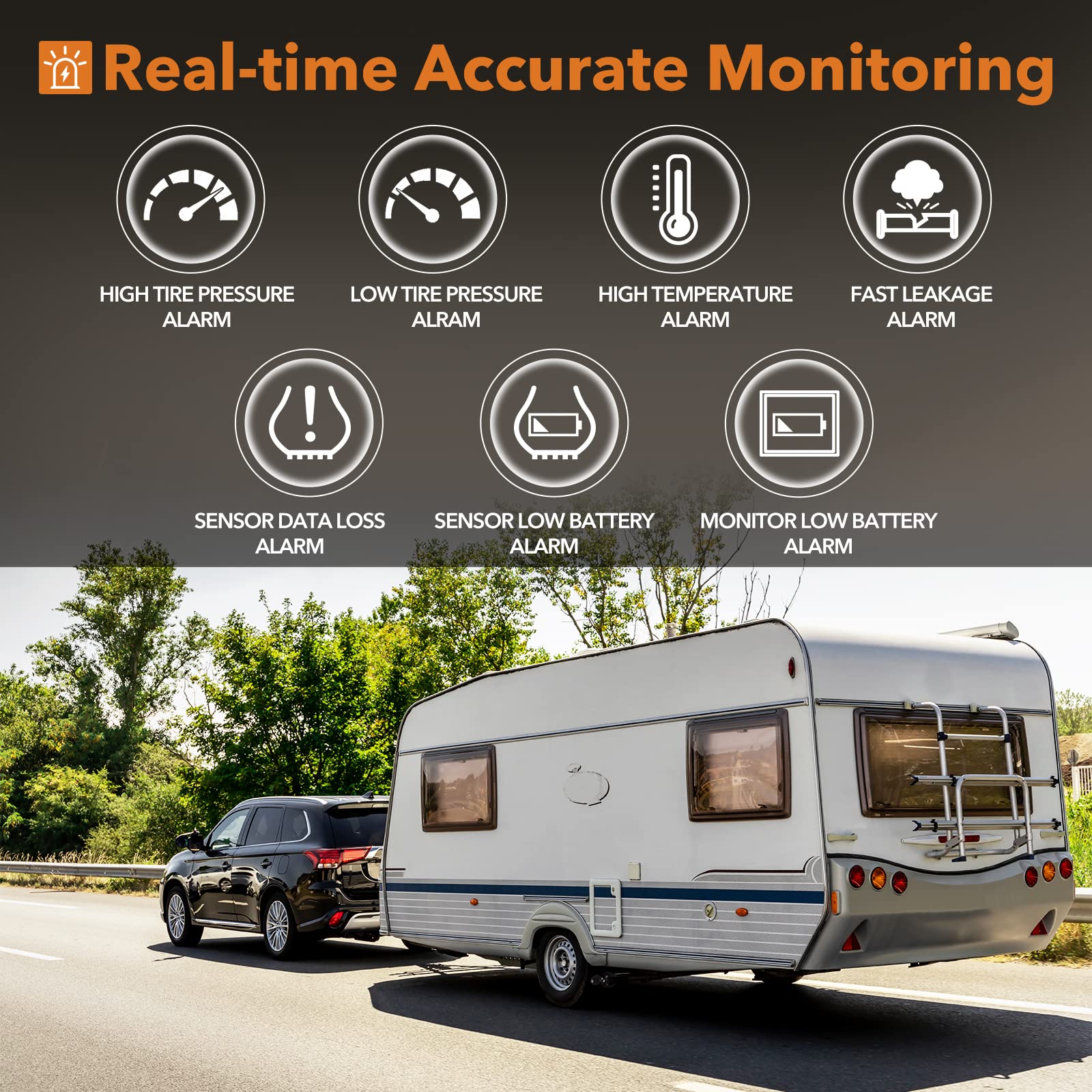 RV Tire Pressure Monitoring System, RV TPMS, 6 Sensors, 7 Alarm Modes, 14 Days Battery Life, 80ft Sensing Distance, Large Screen, for RV, Trailer, Coach, Motor Home, Fifth Wheel, (0-188psi) (-4~ 185℉)