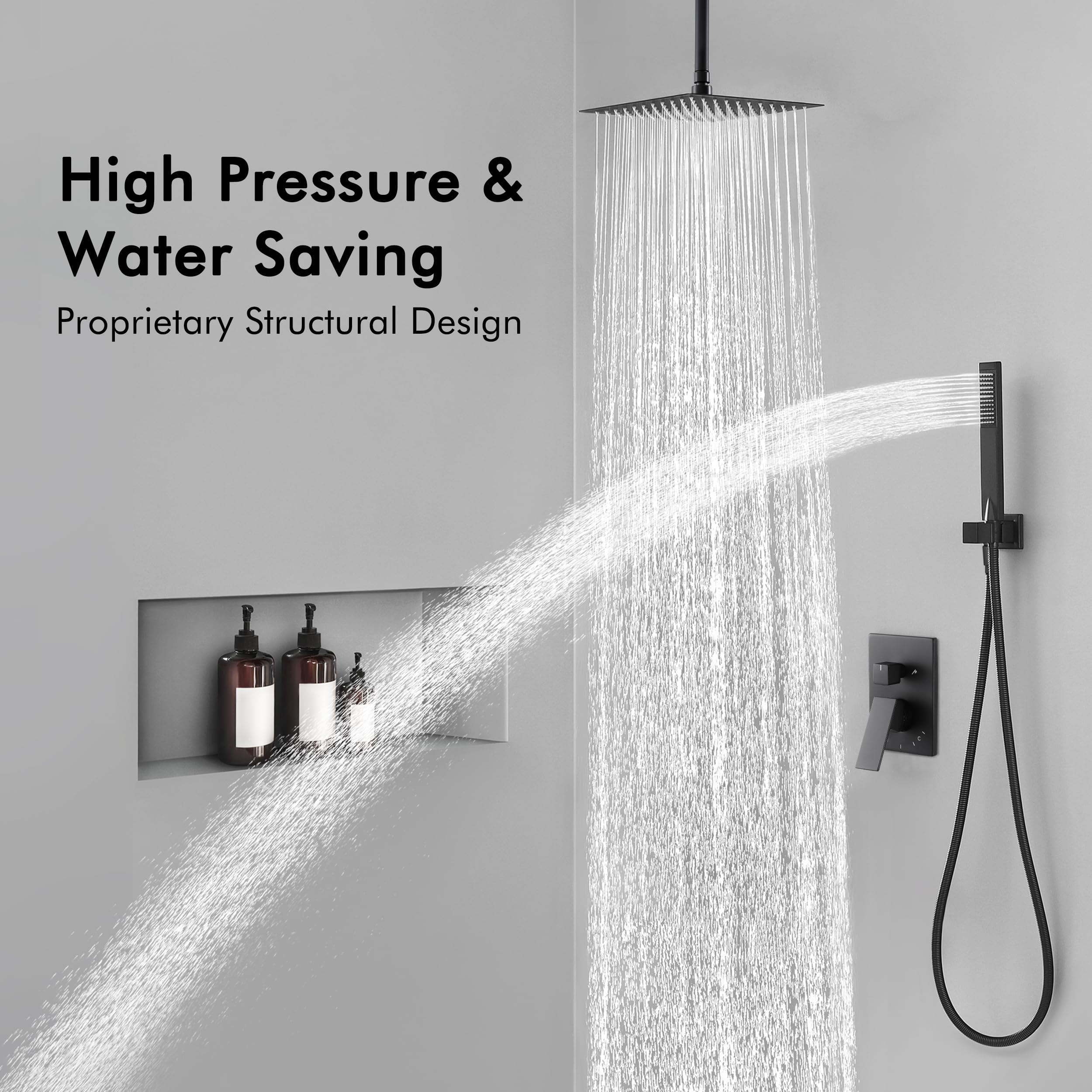 KES Ceiling Shower Head Shower System 10 Inches Rain Shower Faucet Set Shower Valve and Trim Kit Matte Black, XB6235-BK