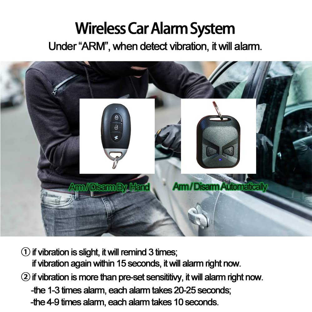 VJOYCAR Wireless Car Alarm Vehicle Security System Anti-Theft Burglar Vibration Sensor Horn Siren Universal 12V Auto Anti-theft Protection System Simple DIY Install (Auto+Manual)