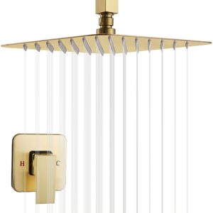 Brushed Gold Ceiling Shower System Shower Faucet GGStudy Bathroom Luxury Rain Mixer Shower Combo Set Rainfall Shower Head System 10 Inch with Valve and Trim