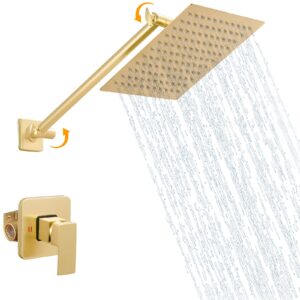 hoimpro adjustable extension shower arm shower system with 8 inch rain shower head wall mounted shower kit, bathroom rainfall shower faucet fixture combo set with rough-in valve body, brushed gold