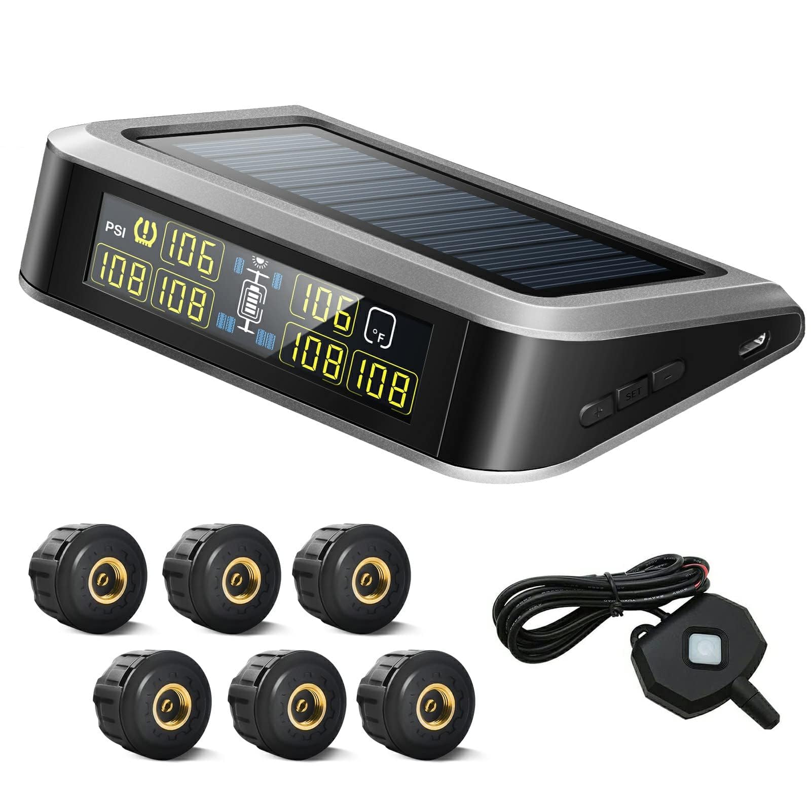 Easrsupe Tire Pressure Monitoring System, Equipped with Solar Charging Tpms System, 6 Sensors (0-199 PSI), 7 Alarm Modes, 1 Relay (98 Ft), Suitable SUV, RV, Trailer Tire Pressure Monitoring System