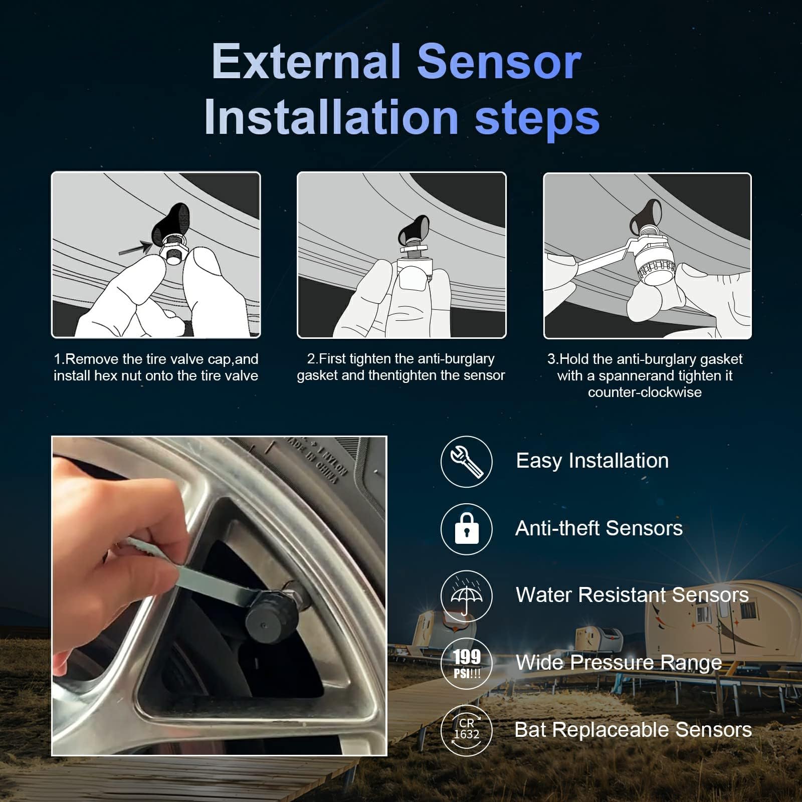 Easrsupe Tire Pressure Monitoring System, Equipped with Solar Charging Tpms System, 6 Sensors (0-199 PSI), 7 Alarm Modes, 1 Relay (98 Ft), Suitable SUV, RV, Trailer Tire Pressure Monitoring System